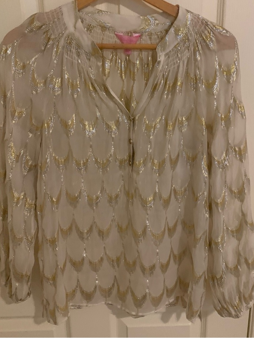 Lilly Pulitzer White Sheer Blouse with Gold Scallop Embroidery